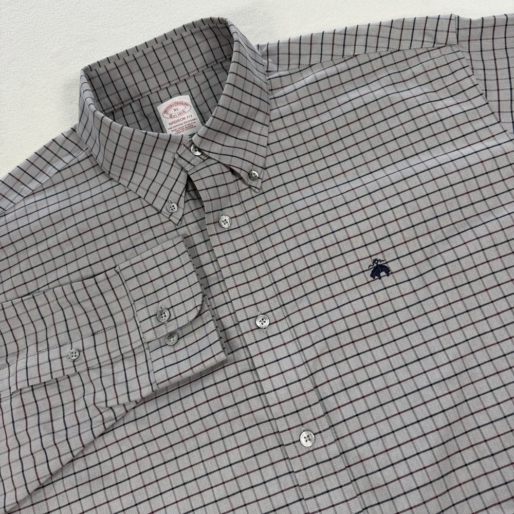 Brooks Brothers Madison‎ Fit Gray Check Shirt Button Down Shirt Mens XL L/S